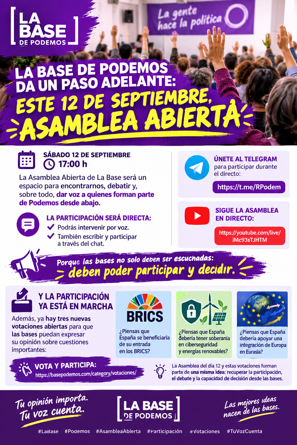 🟣 LA BASE DE PODEMOS DA UN PASO ADELANTE: ESTE 12 DE SEPTIEMBRE, ASAMBLEA ABIERTA